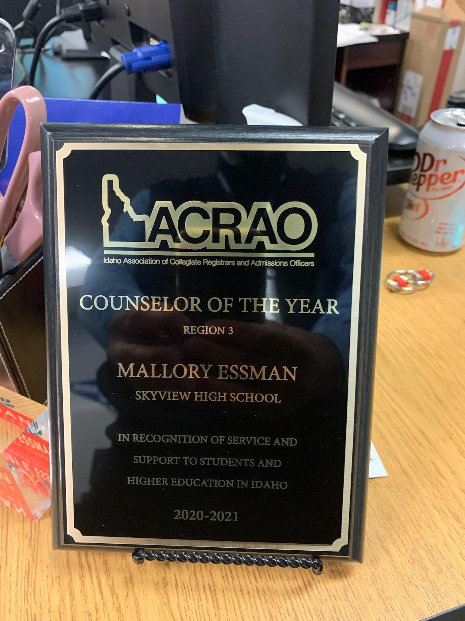 Plaque naming Mallory Essman as Counselor of the Year.