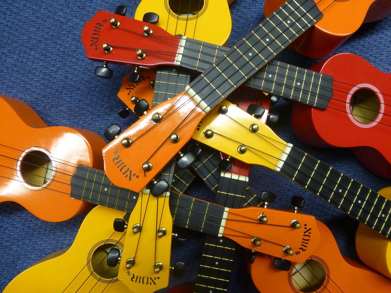 Brightly colored ukuleles