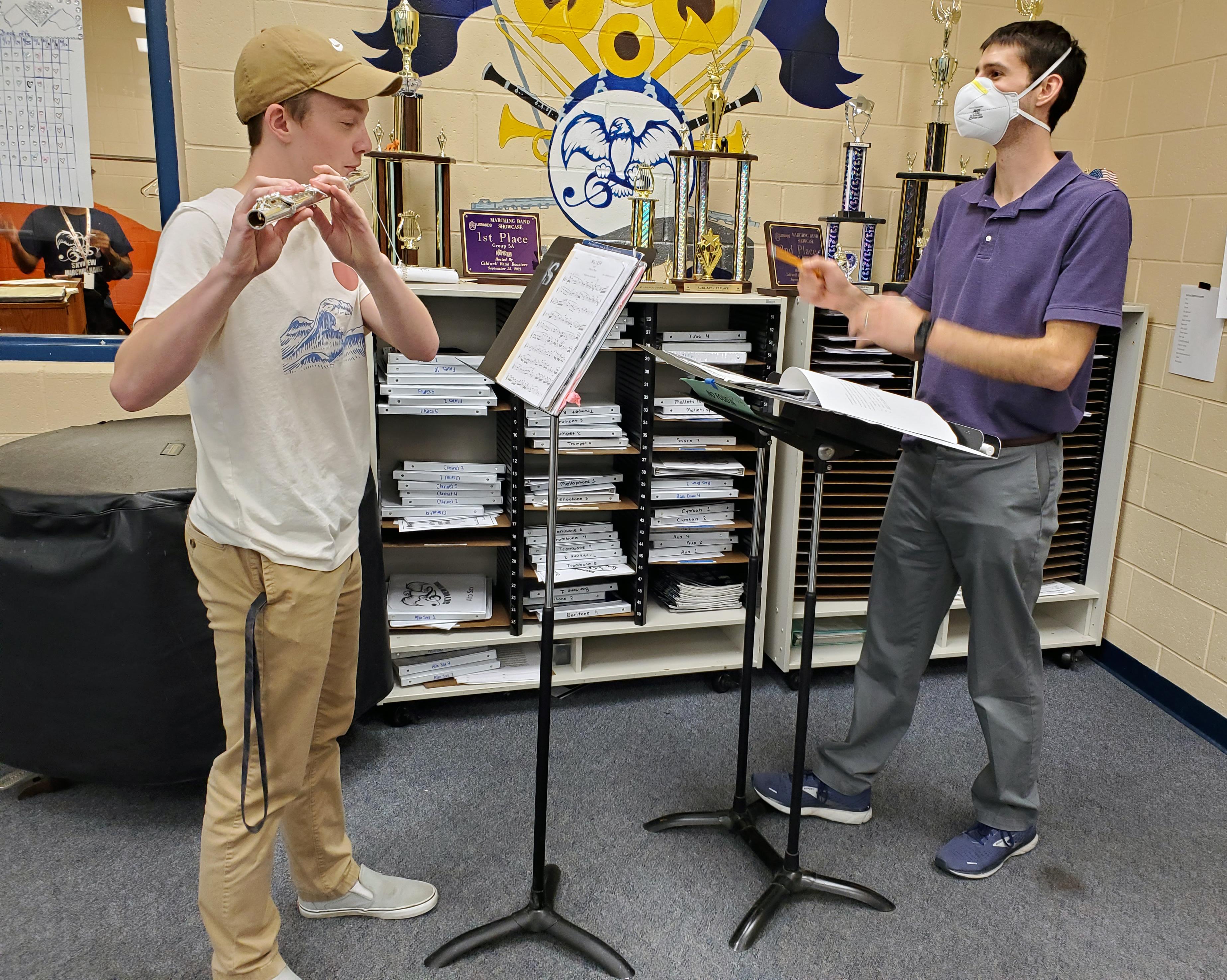 Trey Bledsoe and Cody Peterman practice in the SHS band room.